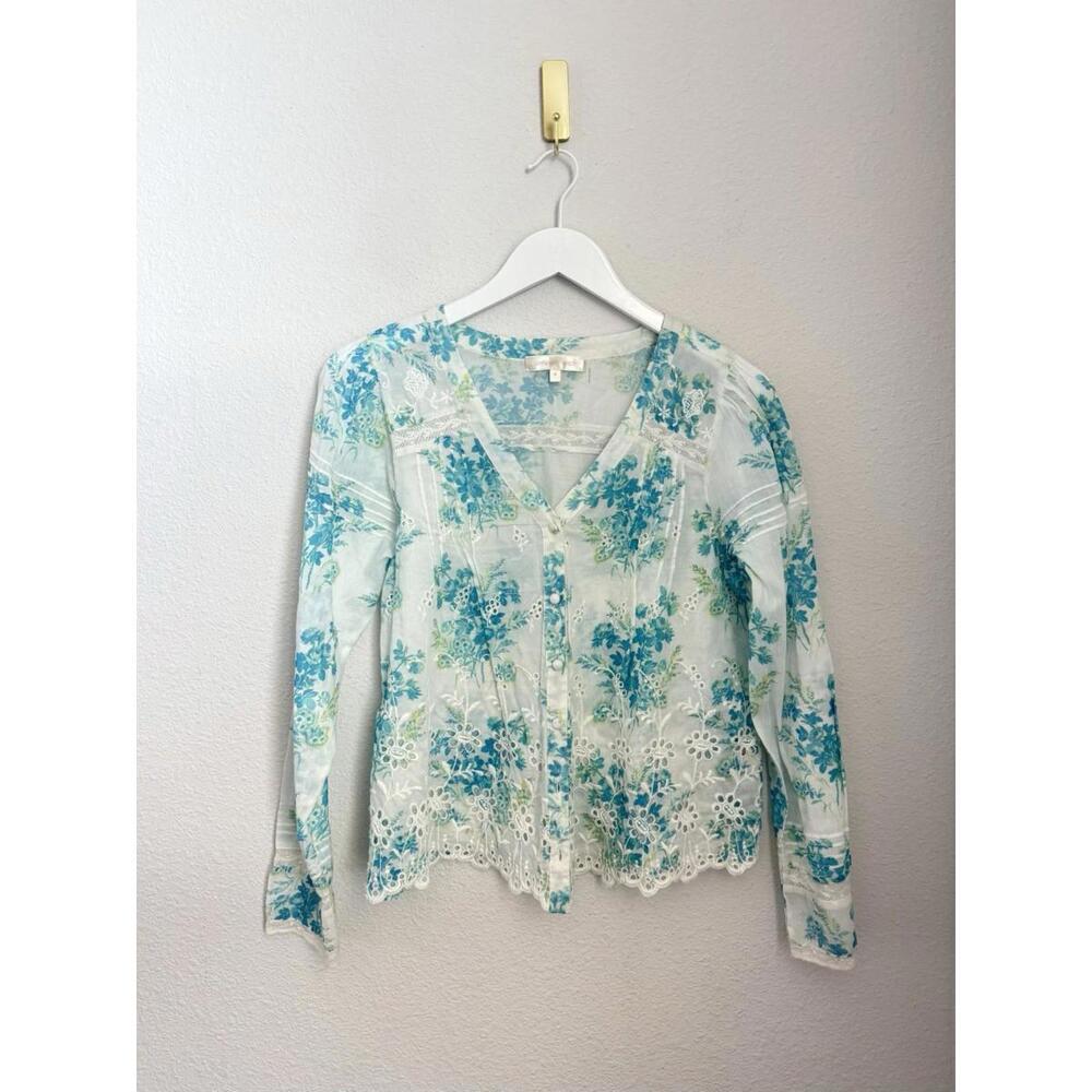 LoveShackFancy Floral Lace Mauro Blouse Magic Turquoise Dainty Feminine Size M